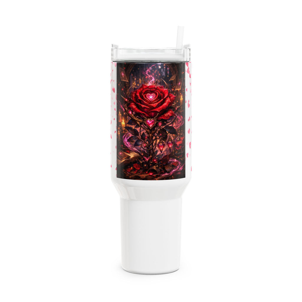Tumbler with a red rose design on a white background