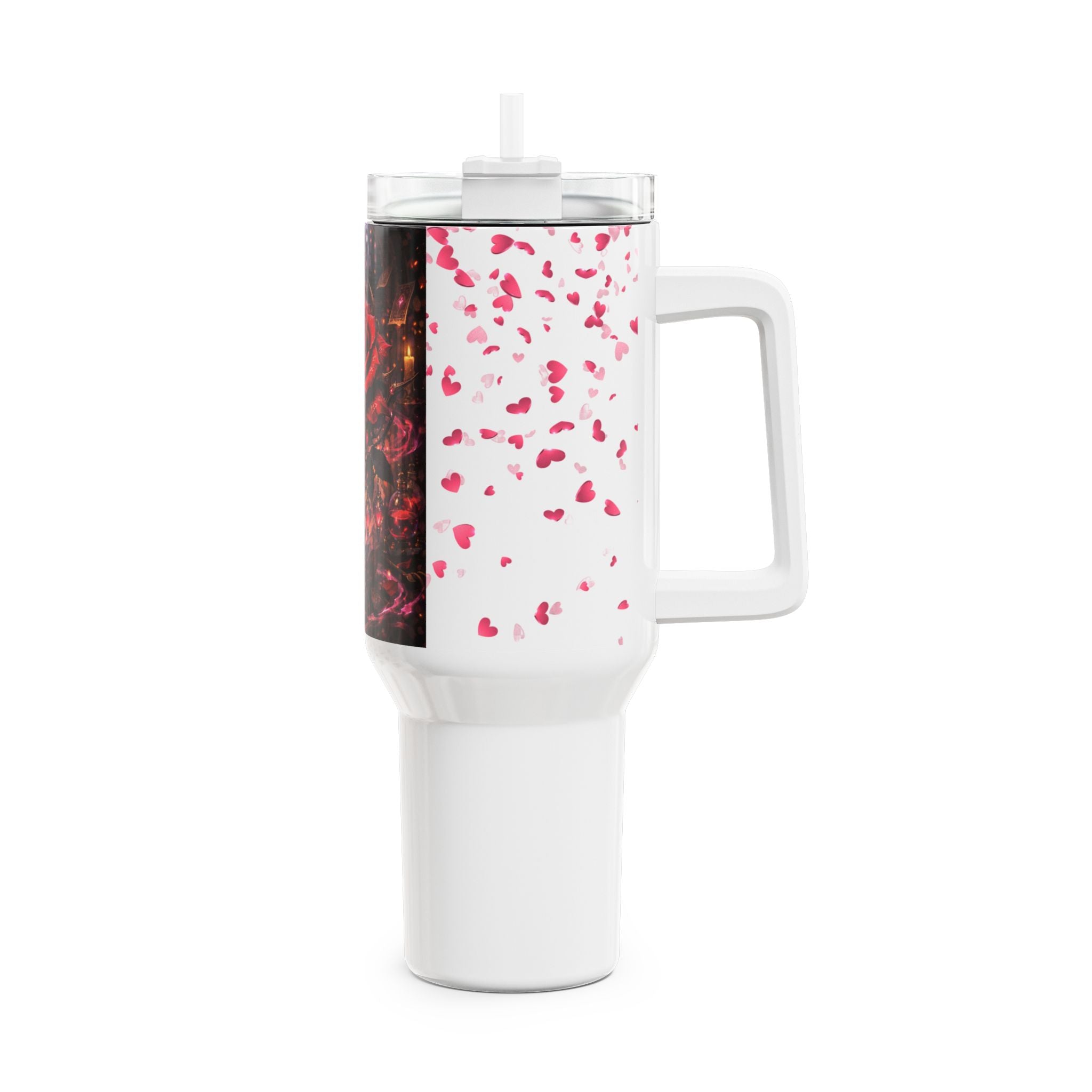 White tumbler with red heart pattern on a white background