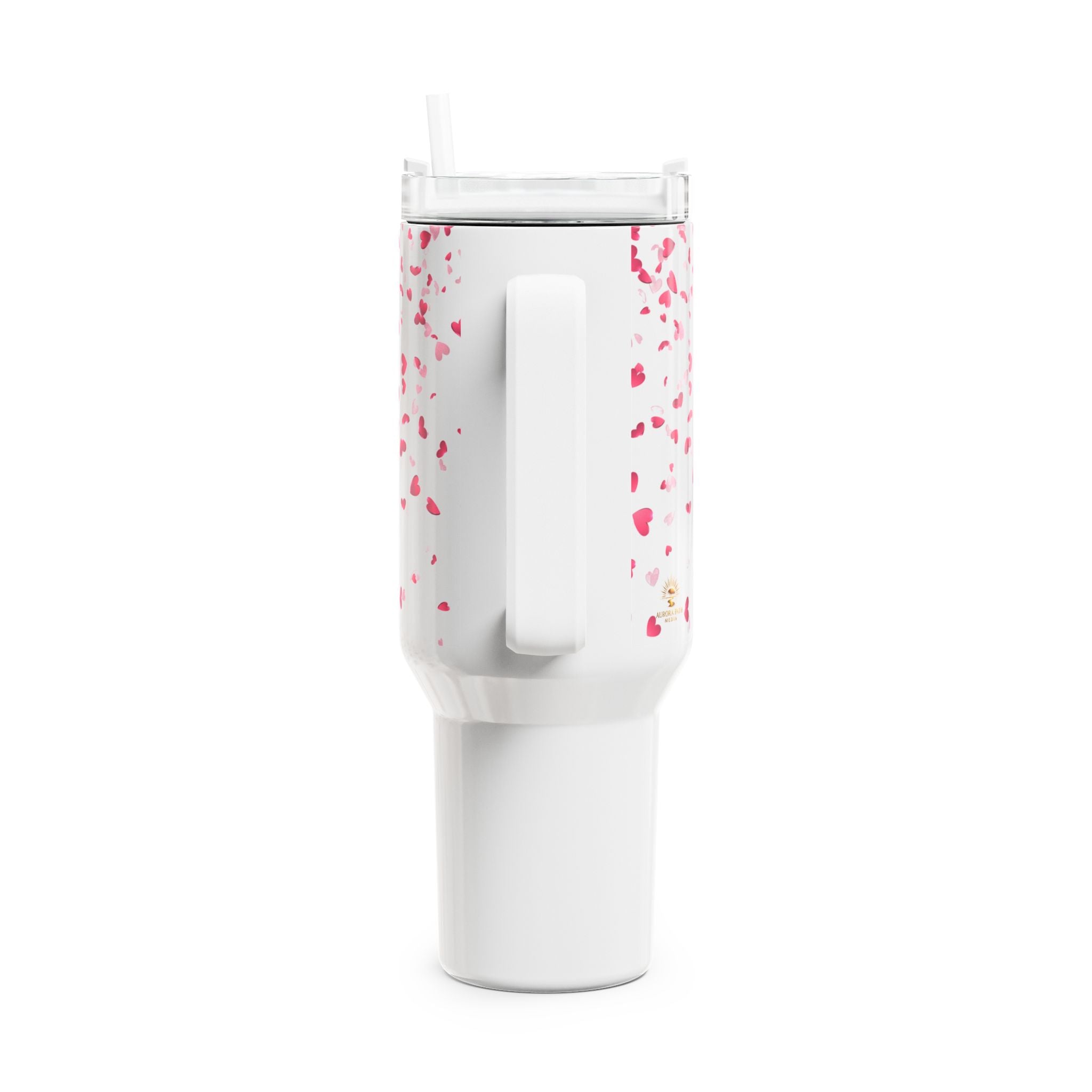 White tumbler with pink speckles on a white background