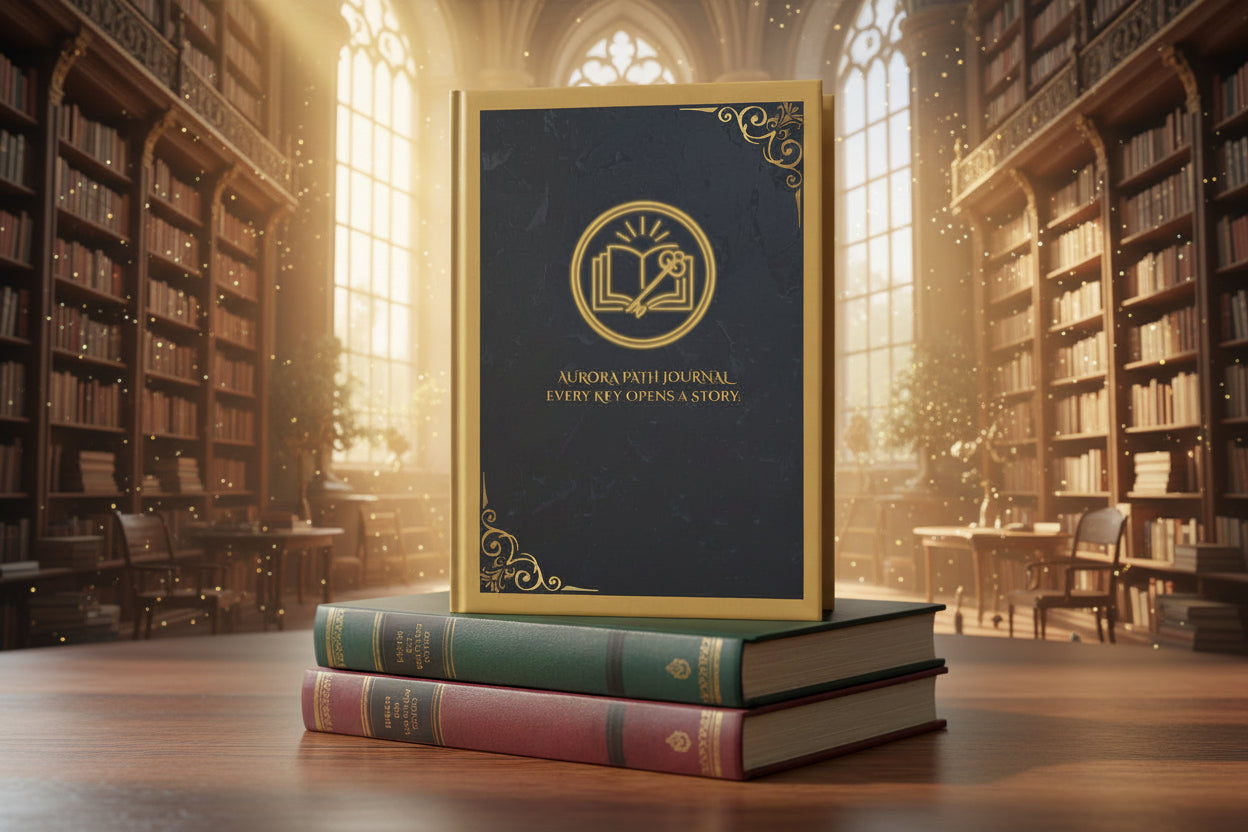 Hardcover Journal — 'Aurora Path' Gold Foil Notebook (Every Key Opens a Story) - Aurora Path Media#original_value#GlossyBlankA4