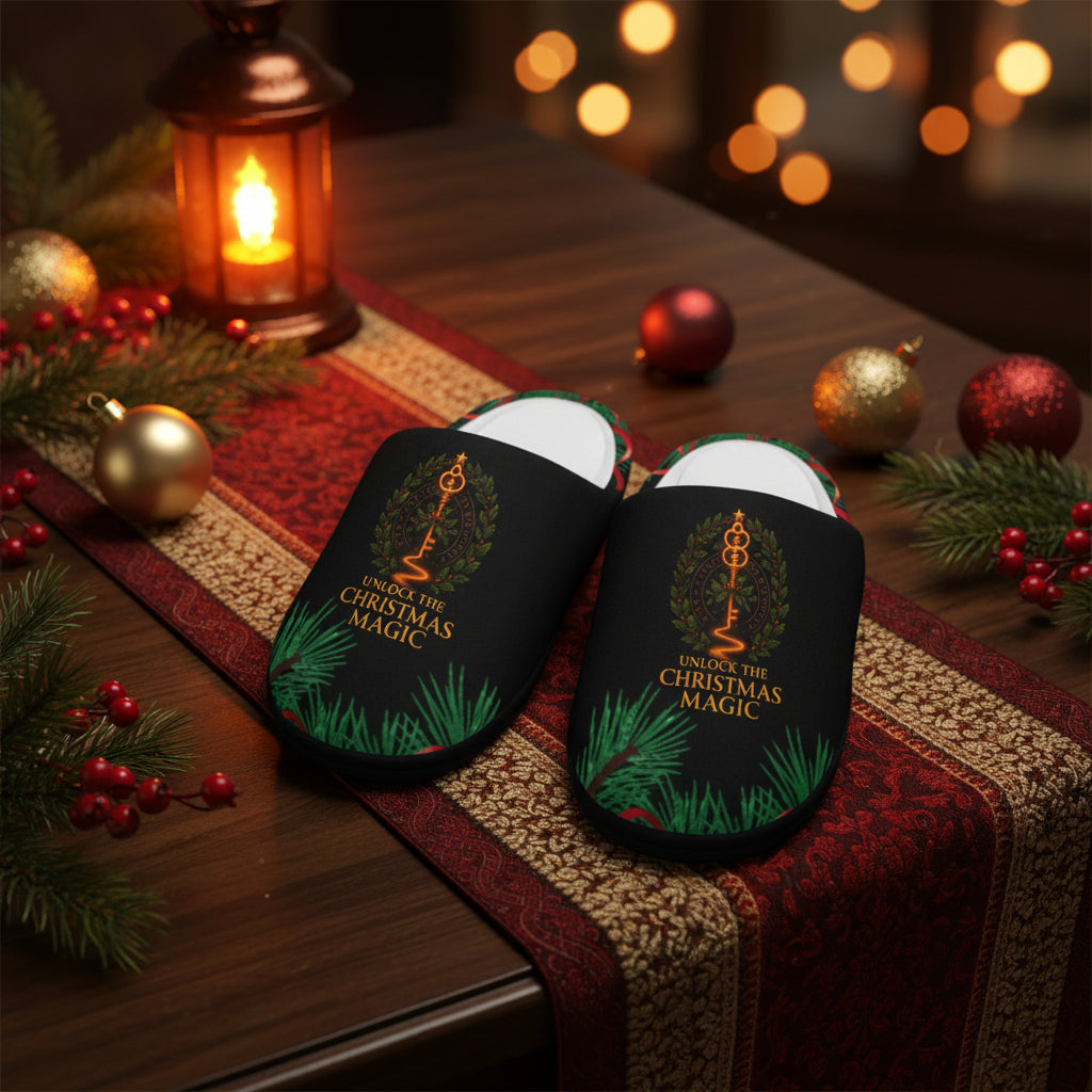 Holiday Slippers – "’Tis The Season To Unlock The Magic" Unisex Indoor Slippers - Aurora Path Media#original_value#Black soleUS 7 - 8