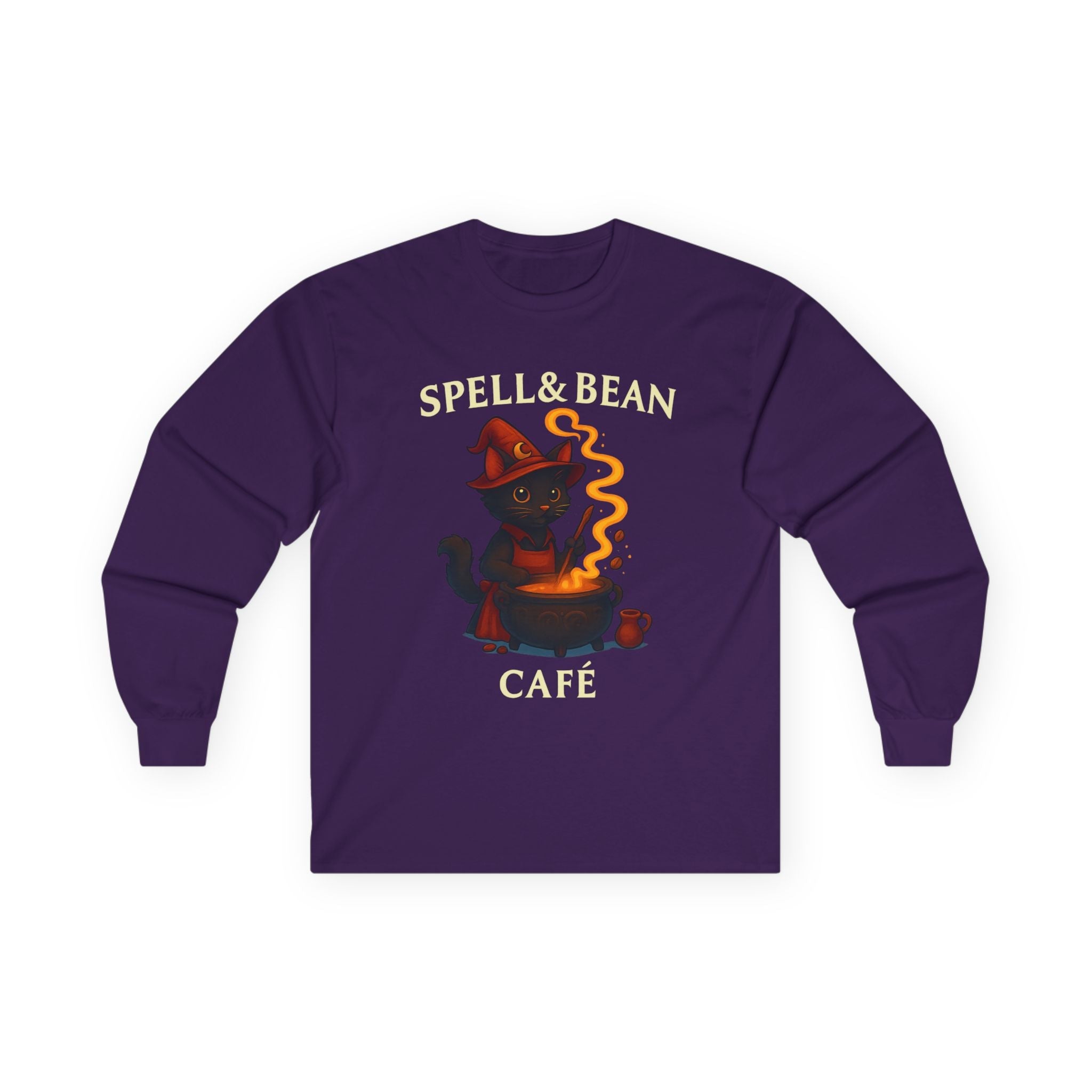 Spell & Bean Café Long Sleeve Tee — Witchy Coffee Lover Shirt - Aurora Path Media#original_value#SPurple