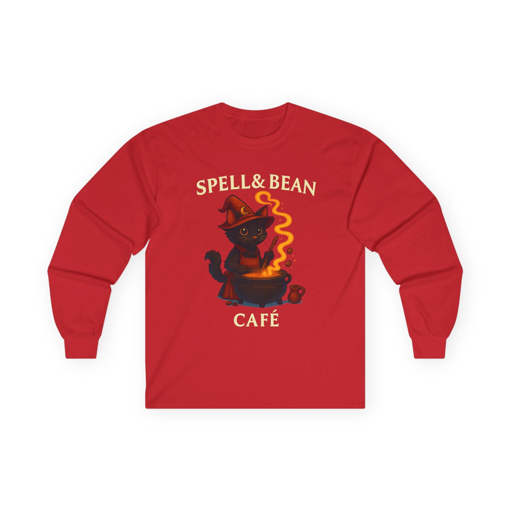 Spell & Bean Café Long Sleeve Tee — Witchy Coffee Lover Shirt - Aurora Path Media#original_value#SRed
