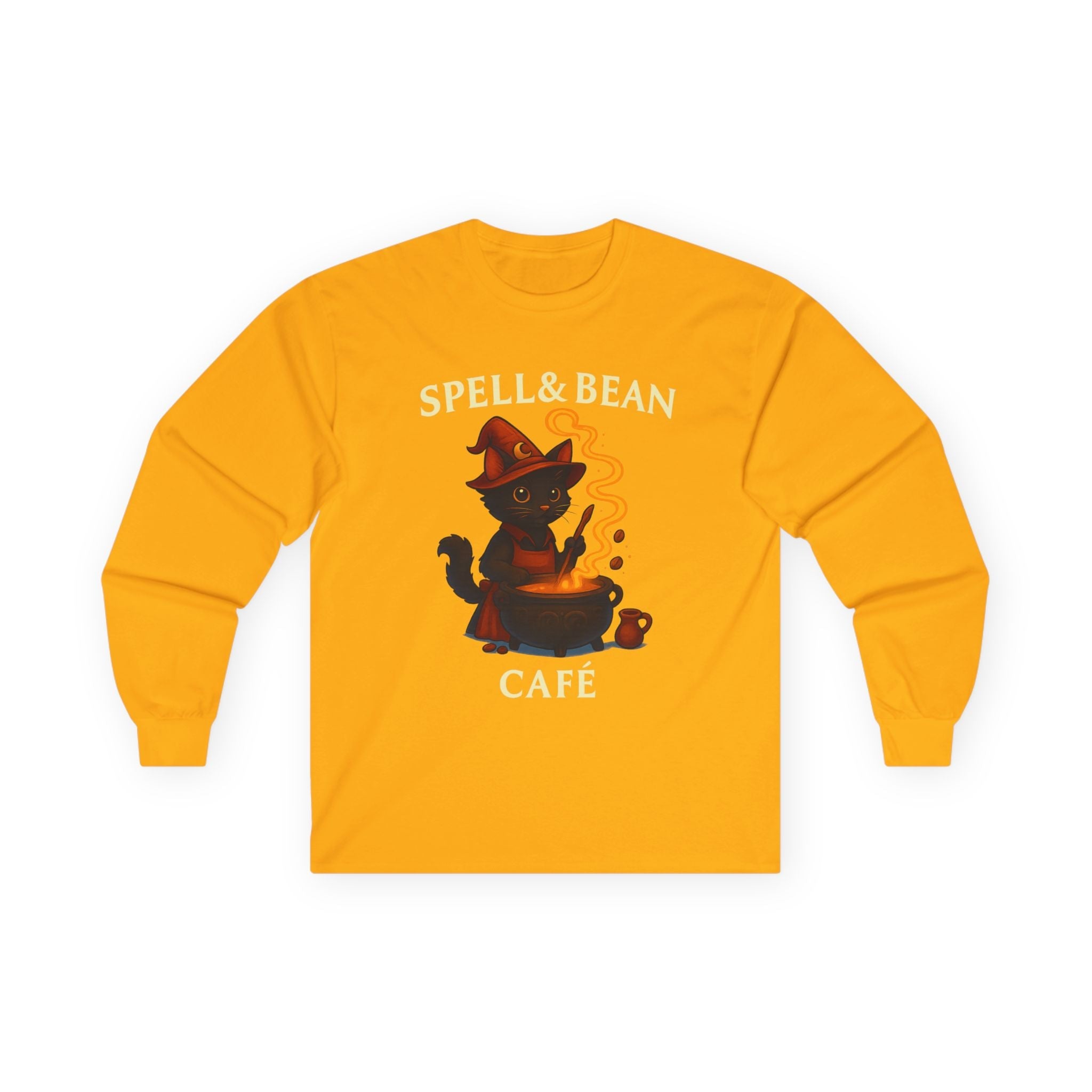 Spell & Bean Café Long Sleeve Tee — Witchy Coffee Lover Shirt - Aurora Path Media#original_value#SGold