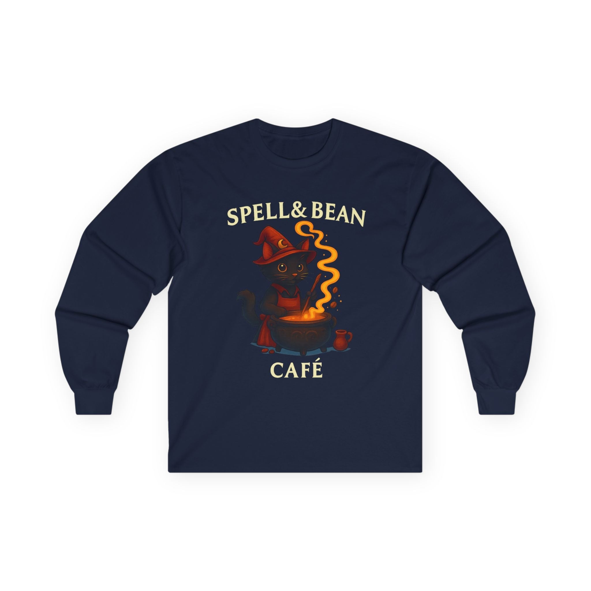 Spell & Bean Café Long Sleeve Tee — Witchy Coffee Lover Shirt - Aurora Path Media#original_value#SNavy