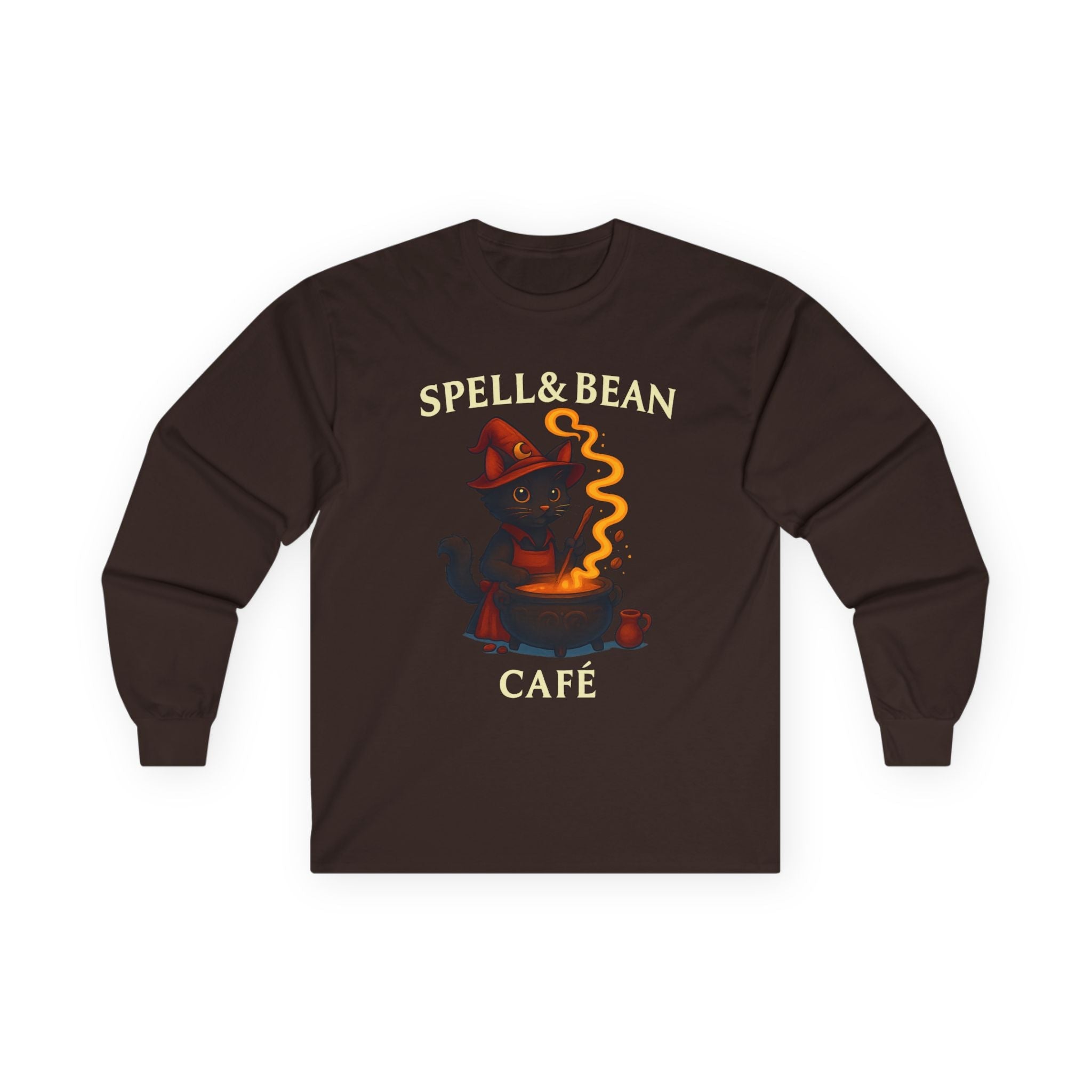 Spell & Bean Café Long Sleeve Tee — Witchy Coffee Lover Shirt - Aurora Path Media#original_value#SDark Chocolate