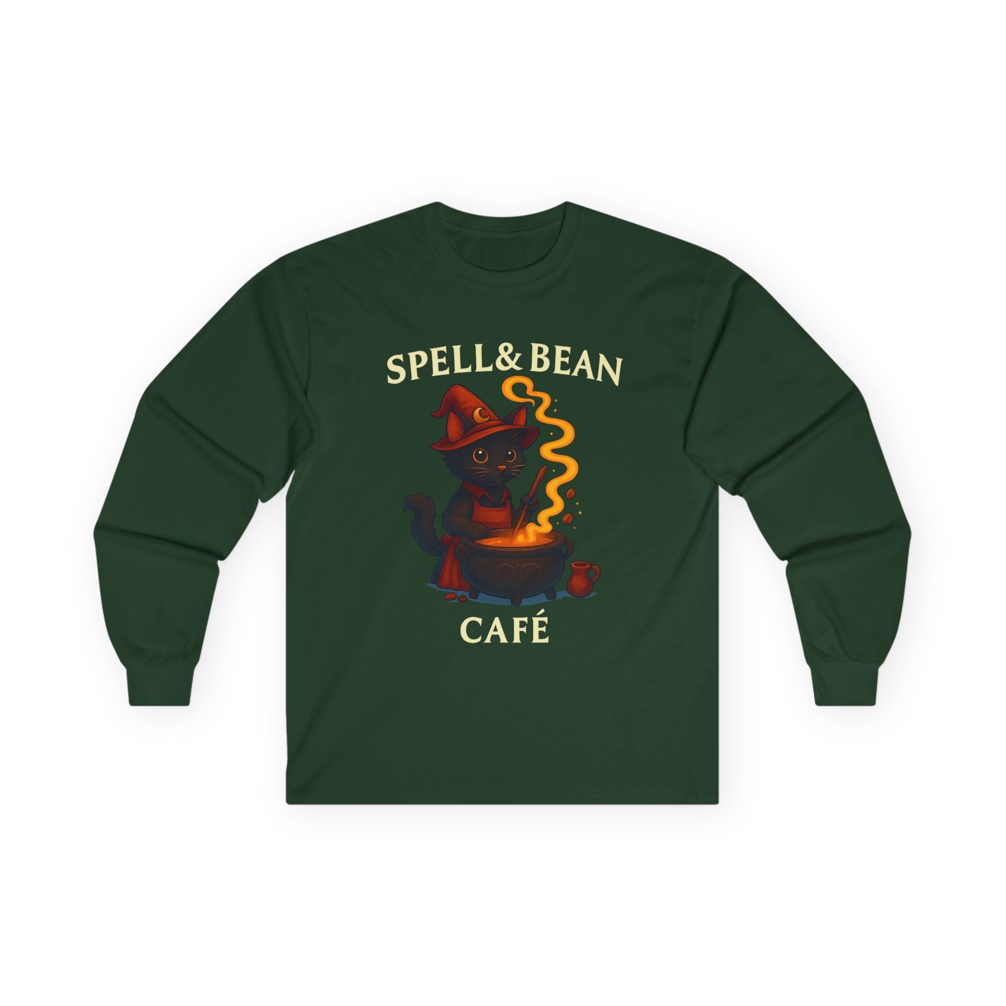 Spell & Bean Café Long Sleeve Tee — Witchy Coffee Lover Shirt - Aurora Path Media#original_value#SForest Green