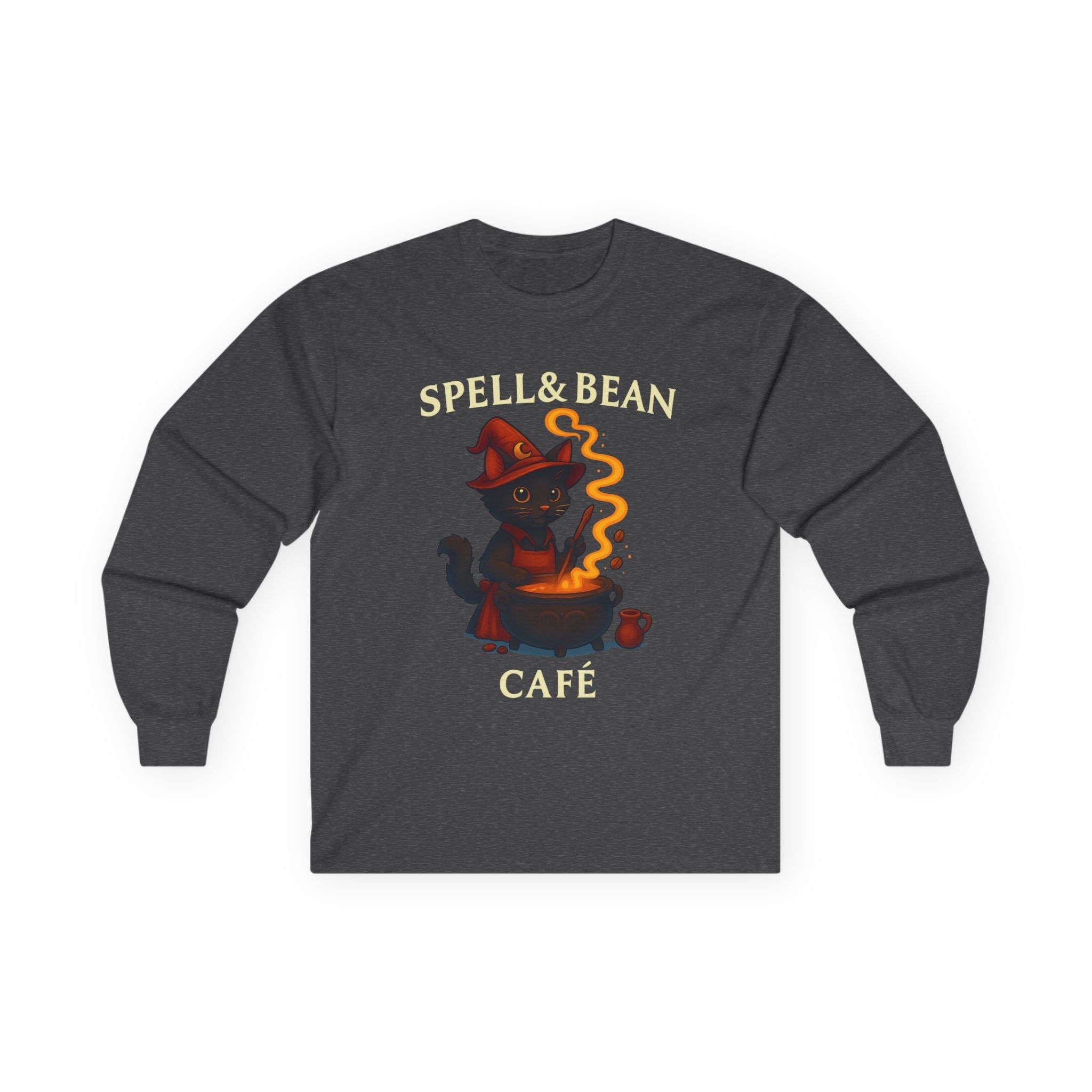 Spell & Bean Café Long Sleeve Tee — Witchy Coffee Lover Shirt - Aurora Path Media#original_value#SDark Heather