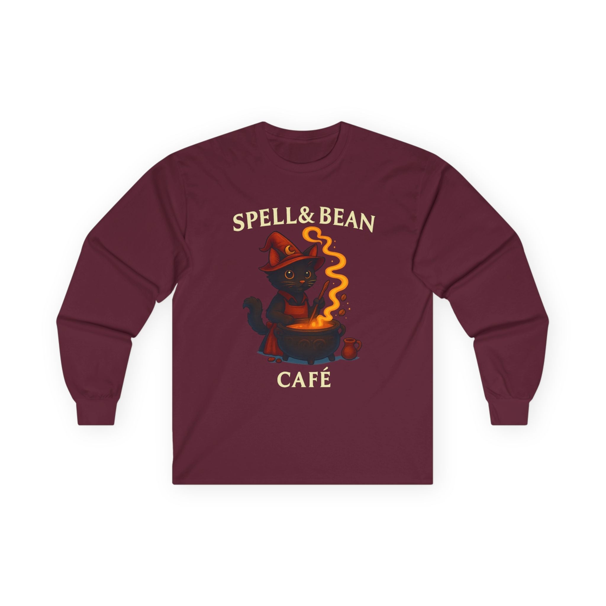 Spell & Bean Café Long Sleeve Tee — Witchy Coffee Lover Shirt - Aurora Path Media#original_value#SMaroon