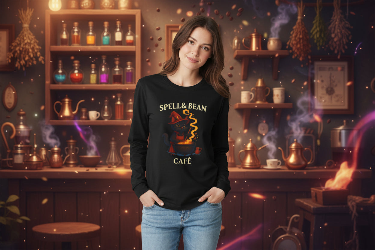 Spell & Bean Café Long Sleeve Tee — Witchy Coffee Lover Shirt - Aurora Path Media#original_value#SBlack
